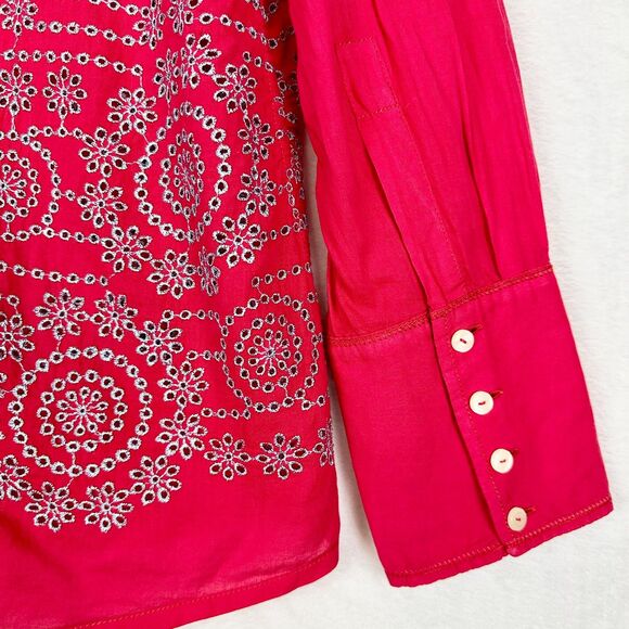 Johnny Was 3J Workshop Embroidered Eyelet Button Up Size Large Red Cotton - Picture 4 of 6